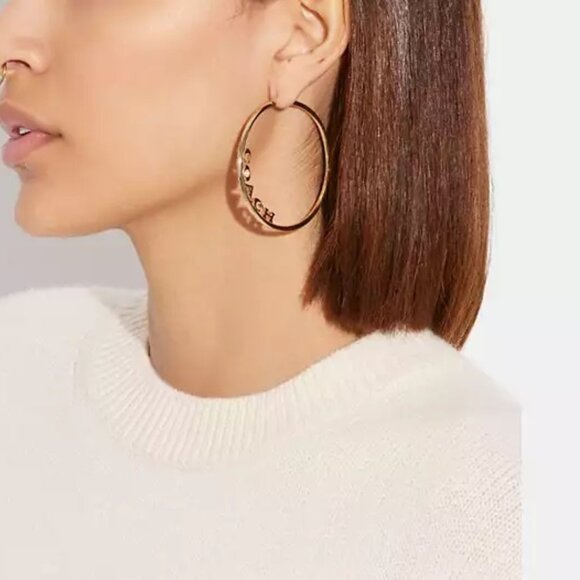 Coach Medium Hoop Earrings Gold Signature Logo Spellout Jewel Rhinestone - Picture 11 of 11
